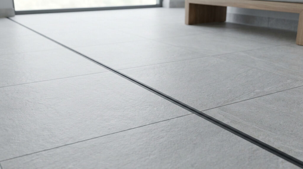 Close-up of a modern light grey tiled floor with a dark, precisely integrated expansion joint. Soft natural light highlights textures.