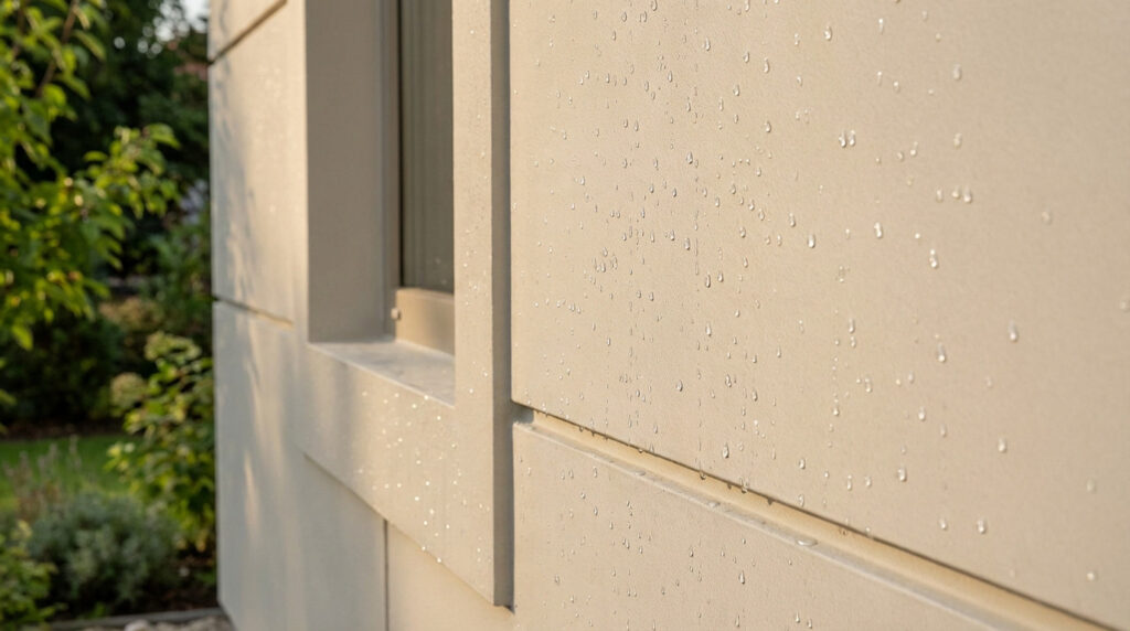 Close-up of a light-colored modern building facade with water droplets beading, demonstrating a waterproof coating. Blurred green foliage in background.