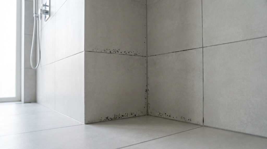 Modern walk-in shower with light grey tiles and dark grout lines, showing distinct black mold spots illuminated by natural light.