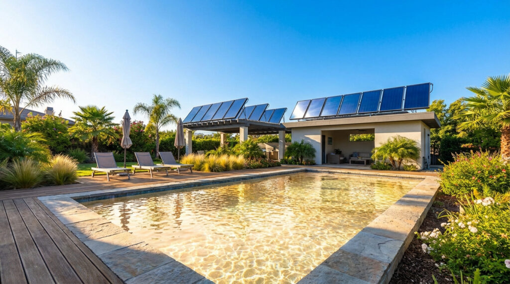 Photorealistic image of a sparkling, solar-heated backyard pool on a bright day, surrounded by lush plants under a clear blue sky.