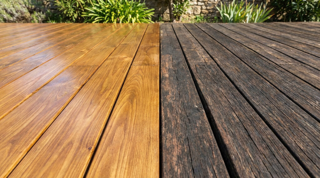 A wooden terrace, half golden-brown and freshly treated, half dark, weathered, and discolored from aging.