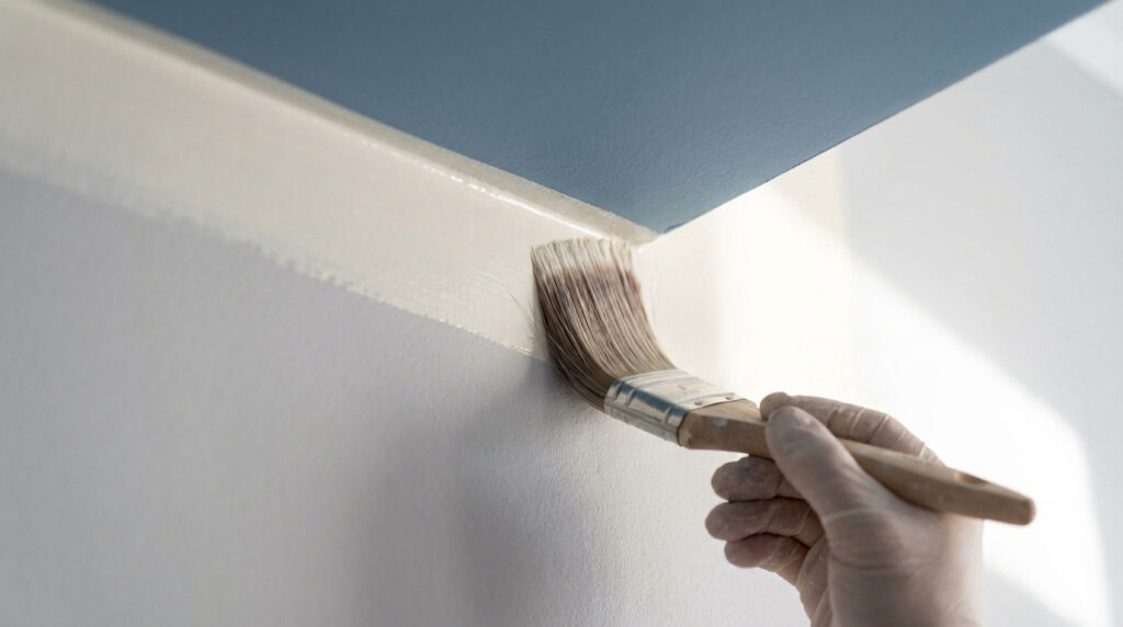 Main gantée peignant avec un pinceau l'angle entre un mur blanc cassé et un plafond bleu, illustrant un rechampissage précis.