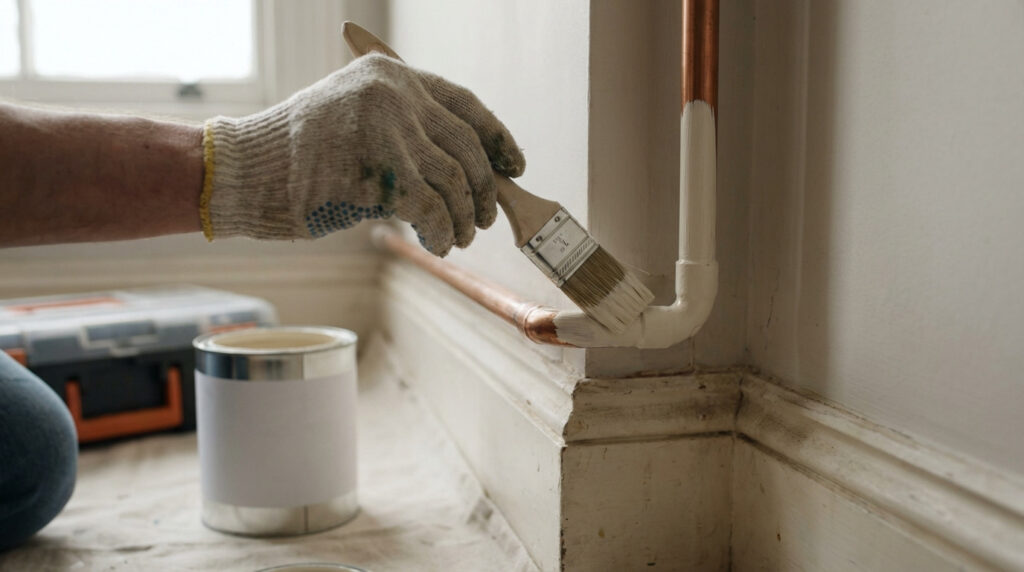 Main gantée peignant des tuyaux en cuivre en blanc avec un pinceau. Un pot de peinture et une boîte à outils sont visibles.