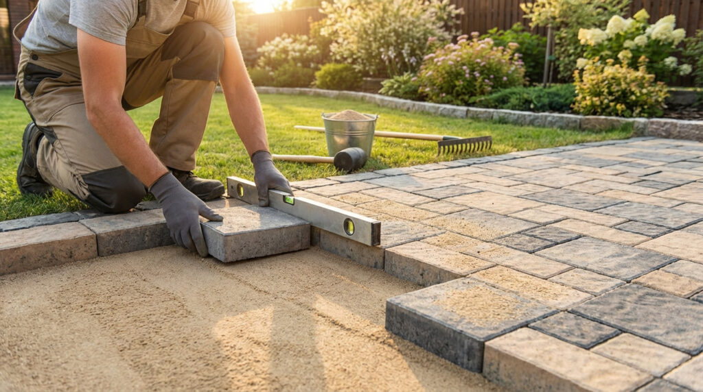 Un ouvrier pose des pavés sur un lit de sable, vérifiant le niveau avec une règle. Un jardin ensoleillé est en arrière-plan.