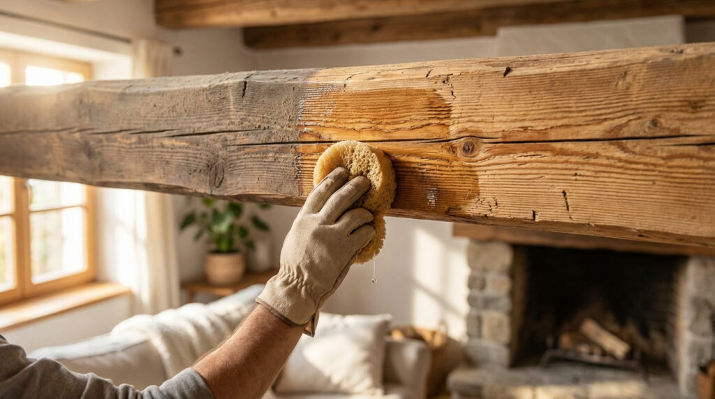 Une main gantée nettoie une poutre en bois rustique avec une éponge, révélant une section plus claire et rafraîchie du bois.