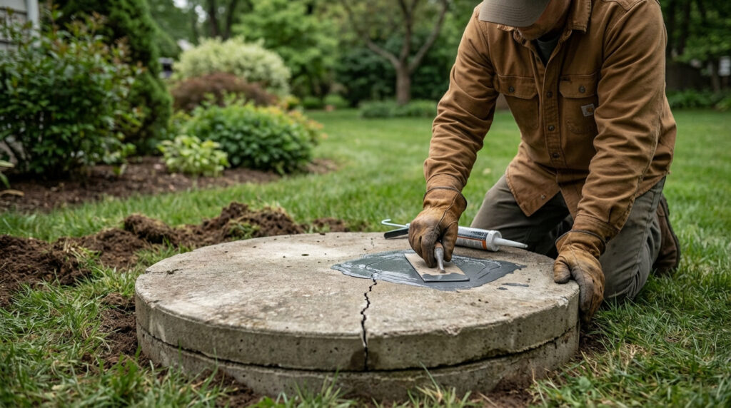Homme en tenue de travail appliquant du mastic pour réparer une fissure sur un couvercle de fosse septique en béton dans un jardin verdoyant.