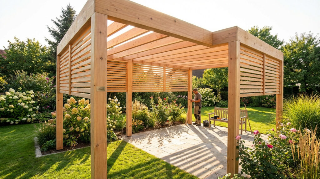 Un homme assemble une tonnelle en bois clair dans un jardin fleuri avec pelouse et allée pavée, sous le soleil.