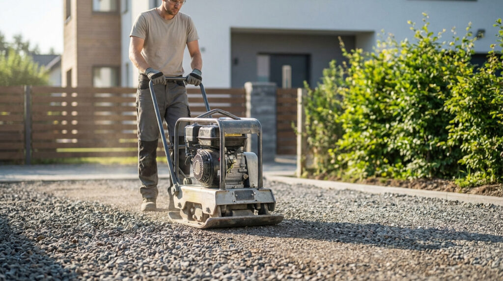 Un homme utilise un compacteur à plaque pour compacter du gravier et créer une allée stable devant une maison moderne.