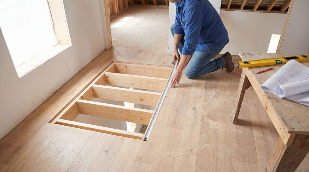 Un artisan mesure une ouverture de trémie d'escalier avec un mètre ruban, des plans architecturaux sont sur un établi en bois à côté.