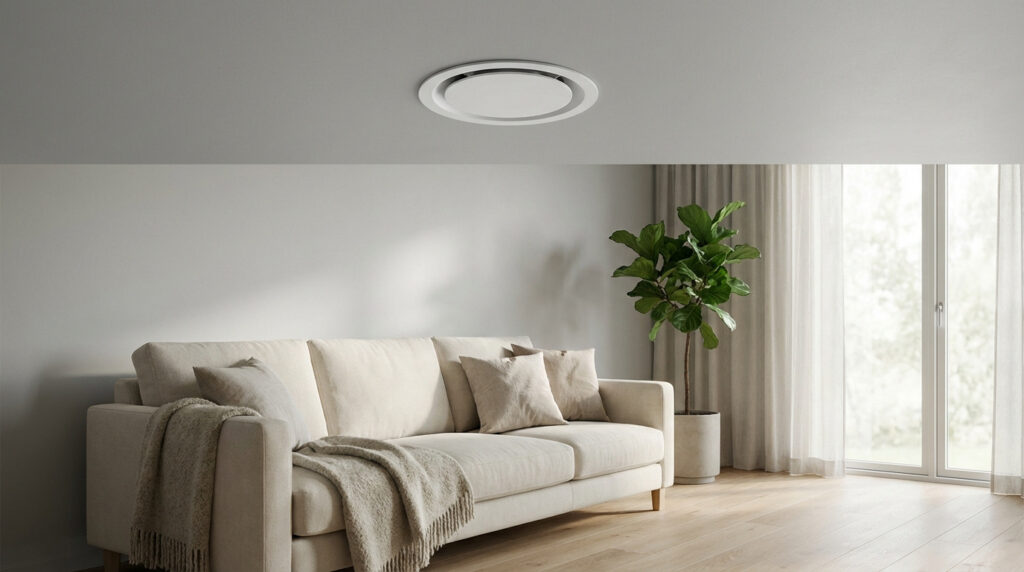 Une bouche de VMC blanche et ronde intégrée au plafond au-dessus d'un canapé crème, d'une plante et d'une fenêtre dans un salon moderne.