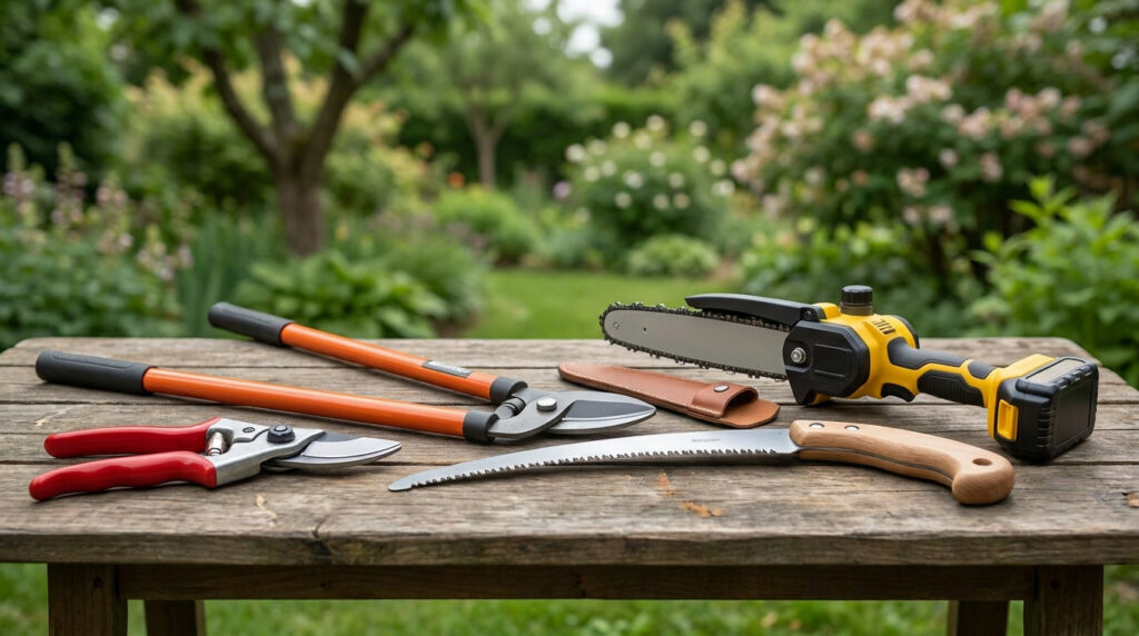 Sélection d'outils de jardinage posés sur une table en bois dans un jardin : sécateur, coupe-branches, scie et tronçonneuse.