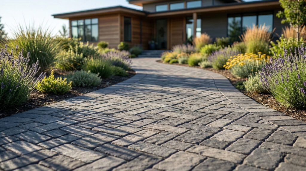 Allée pavée en pierre grise menant à une maison moderne entourée de lavande et de plantes ornementales.