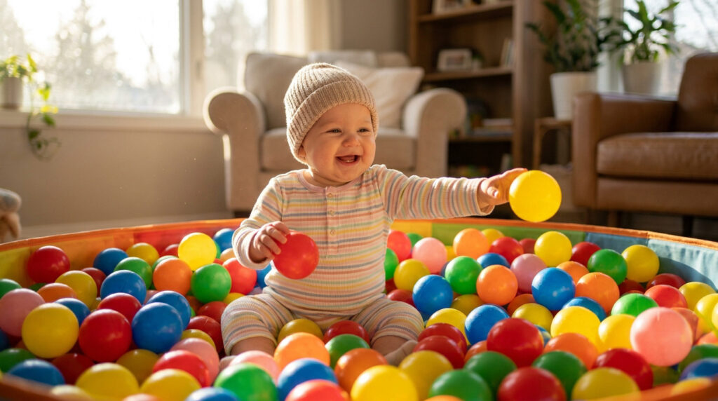 Un bébé joyeux, portant un bonnet clair, est assis dans une piscine à balles multicolores. Il tient une balle rouge et en touche une jaune.
