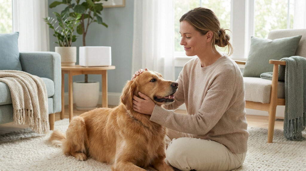 Une femme assise sur un tapis clair caresse tendrement son chien Golden Retriever dans un salon lumineux.