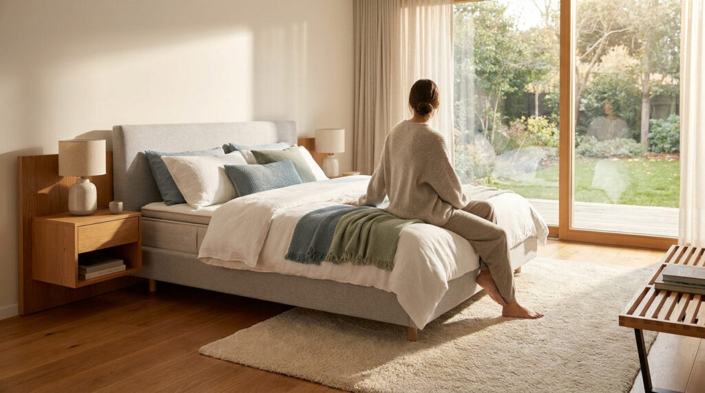 Une femme assise au bord d'un lit moderne dans une chambre lumineuse avec vue sur un jardin.