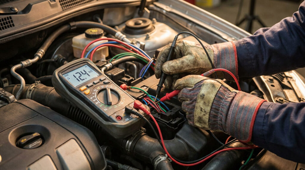 Un mécanicien utilisant un multimètre pour tester le circuit électrique sous le capot d'une voiture.