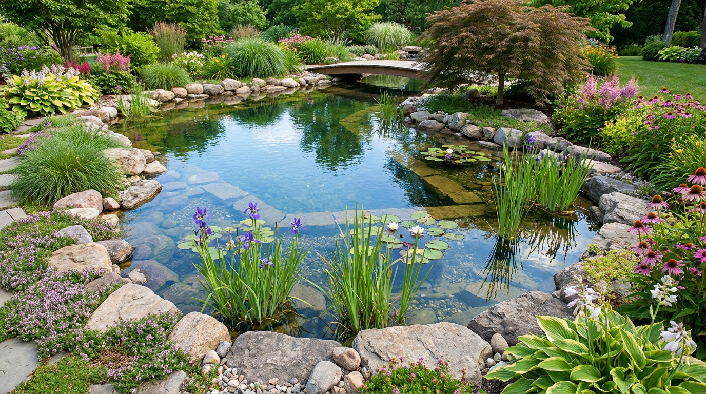 Un bassin de jardin naturel avec des rochers, des nénuphars, des iris bleus et un petit pont en bois.