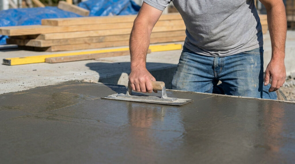 Un homme agenouillé lisse une dalle de béton humide avec une taloche manuelle sur un chantier ensoleillé.