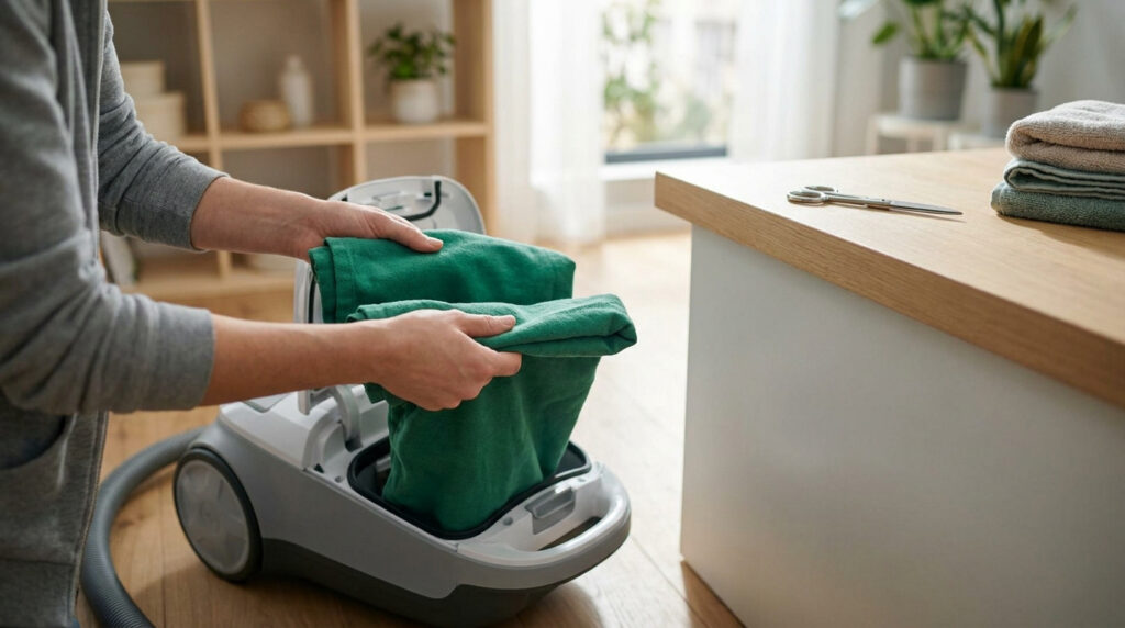 Une personne remplace le sac d'un aspirateur par un chiffon vert plié pour le dépannage.