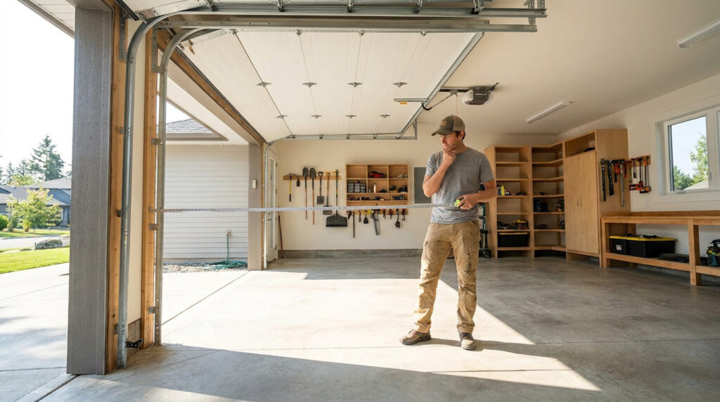 Un homme mesure la largeur d'une porte de garage avec un mètre ruban dans un garage spacieux.