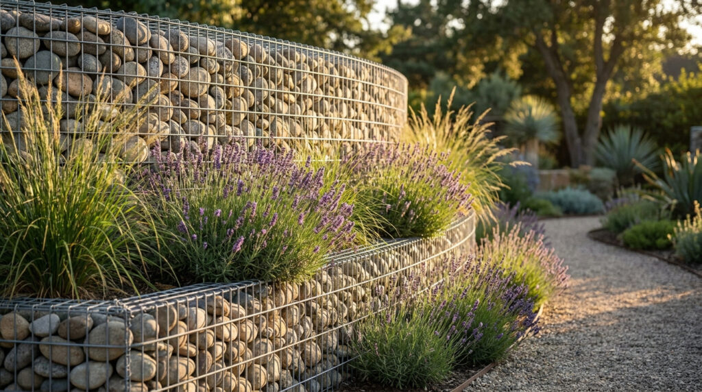 Murs de gabion en pierre et acier, avec plantations de lavande et d'herbes ornementales dans un jardin ensoleillé.
