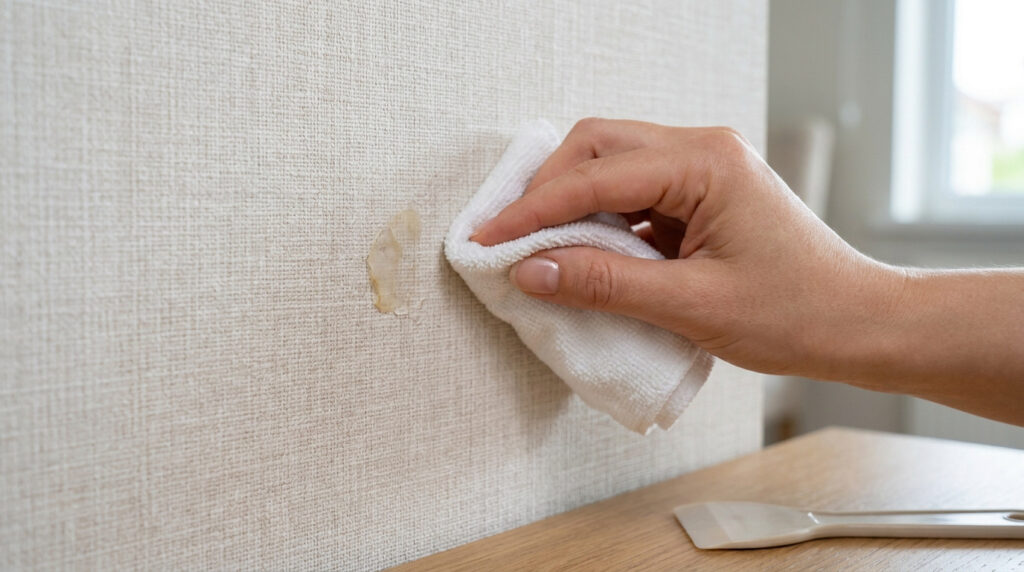 Une main utilise un chiffon blanc pour nettoyer une tache de colle sur un papier peint texturé beige.