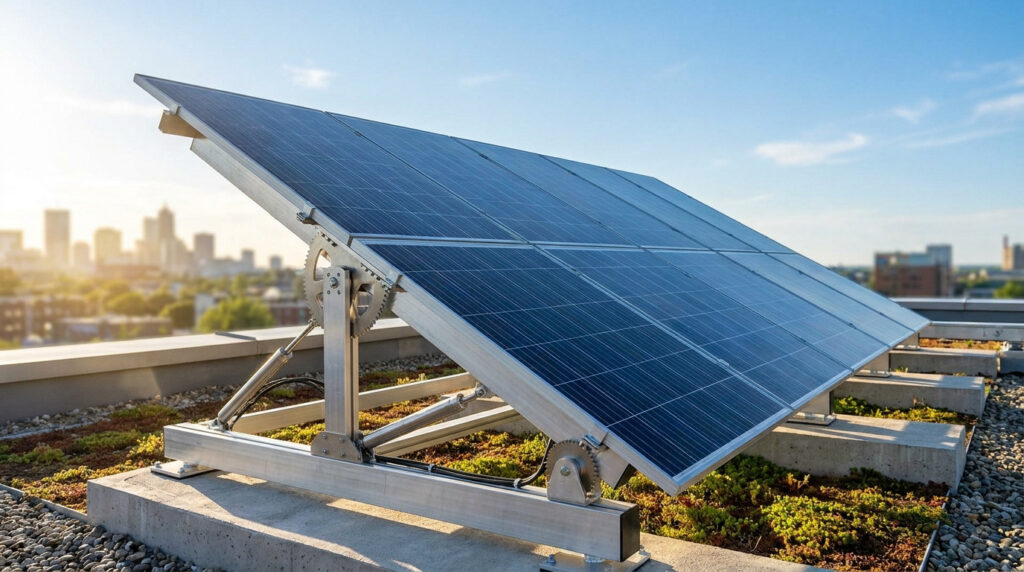 Panneau solaire sur un support orientable installé sur un toit végétalisé avec une ville en arrière-plan.