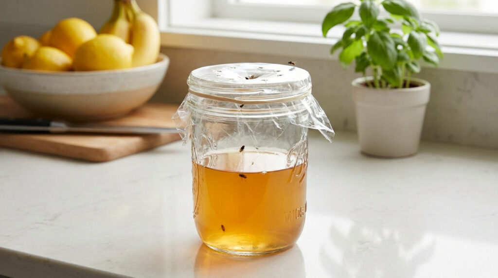 Un piège à moucheron fait maison avec un bocal en verre, du film plastique et du vinaigre, contenant des insectes. Fruits en arrière-plan.