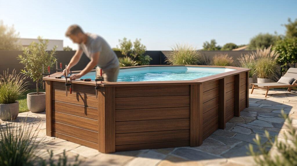 Un homme installe un coffrage en bois autour d'une piscine hors-sol sur une terrasse en pierre naturelle.
