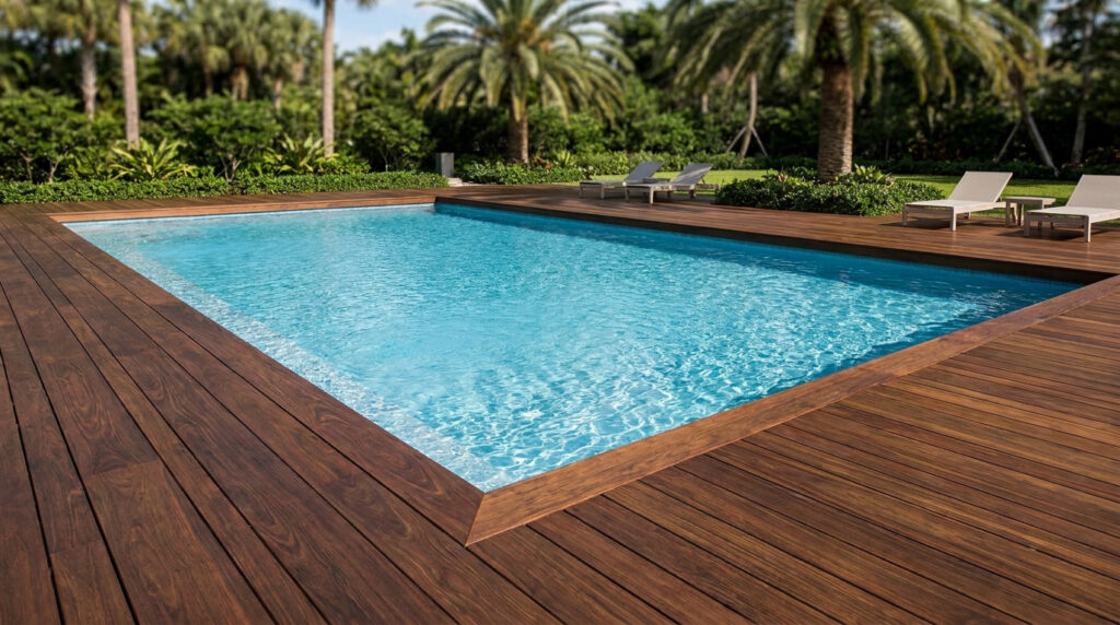 Piscine moderne avec une terrasse en bois affleurante sans margelle apparente dans un jardin tropical.