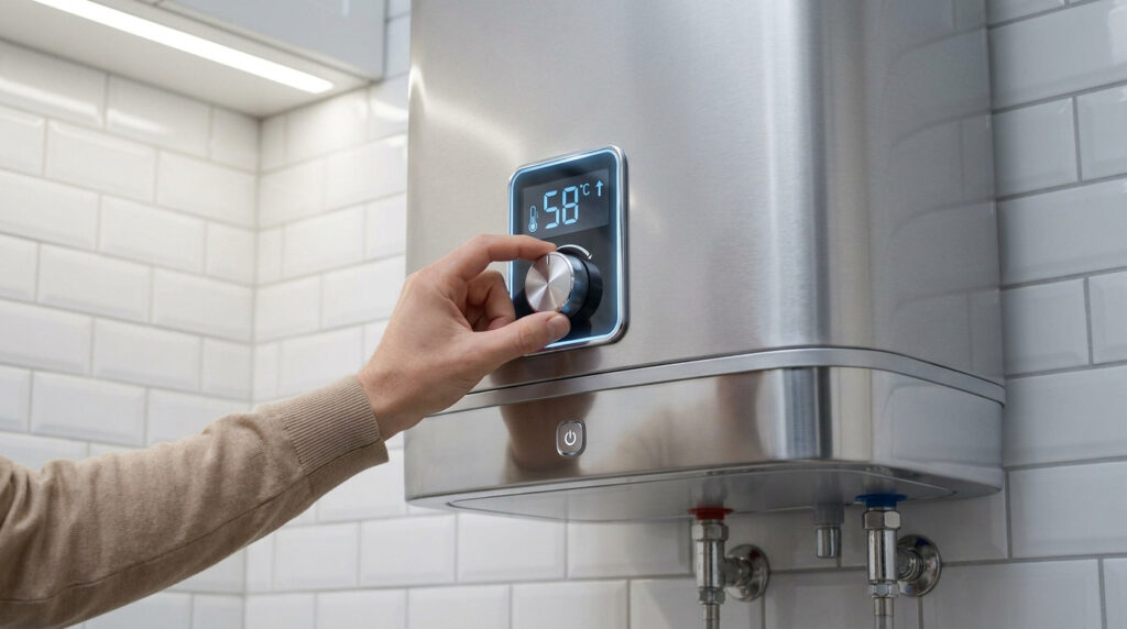 Main d'une personne ajustant le thermostat numérique sur un chauffe-eau en inox fixé sur un mur en carreaux blancs.