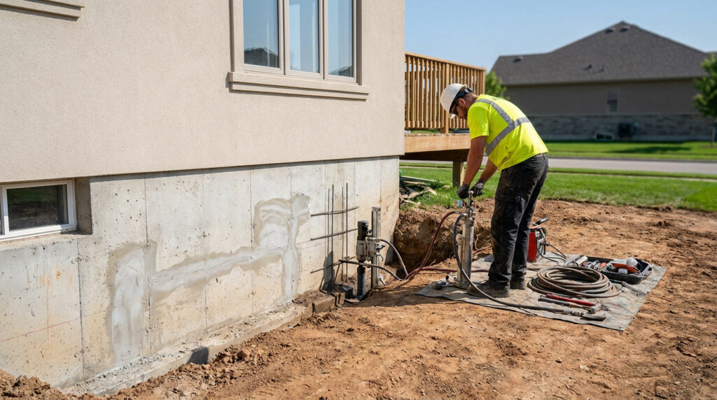 Ouvrier en gilet de sécurité utilisant une foreuse hydraulique pour consolider les fondations d'une maison résidentielle.