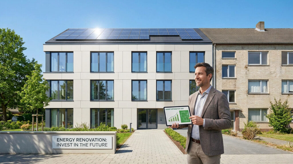 Un homme d'affaires présente une tablette devant un bâtiment moderne rénové avec des panneaux solaires sur le toit.