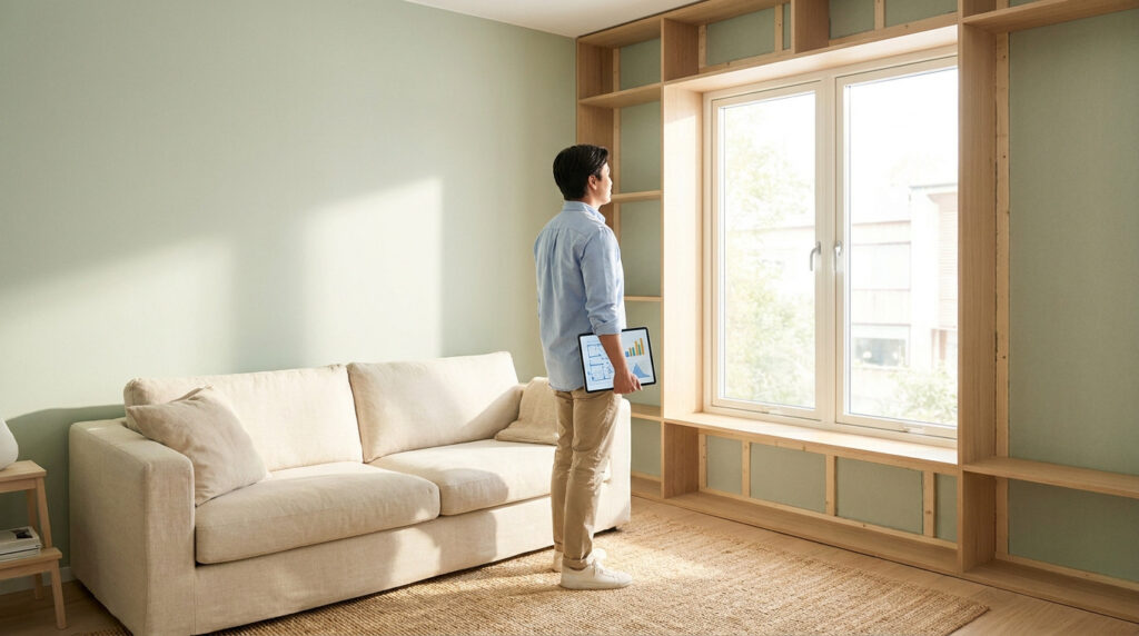 Un homme regarde par la fenêtre dans un salon en rénovation, tenant une tablette avec des plans et des graphiques.