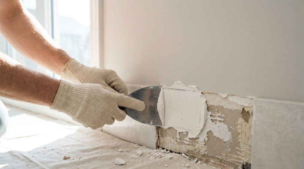 Mains gantées appliquant de l'enduit de rebouchage au couteau à enduire sur un mur après avoir retiré des plinthes.