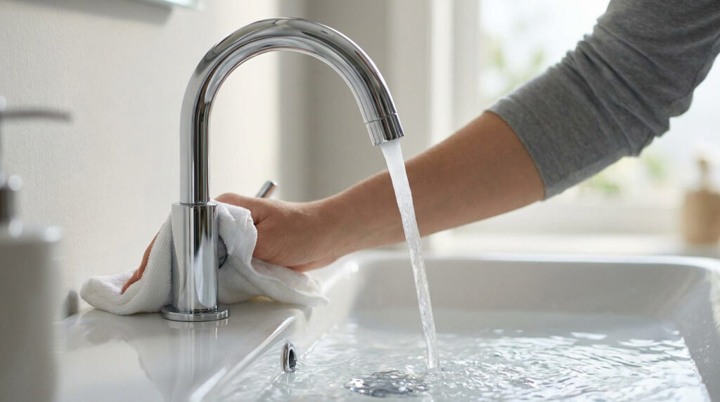 Une personne nettoie un robinet d'eau froide chromé avec une serviette blanche tandis que l'eau coule dans l'évier.