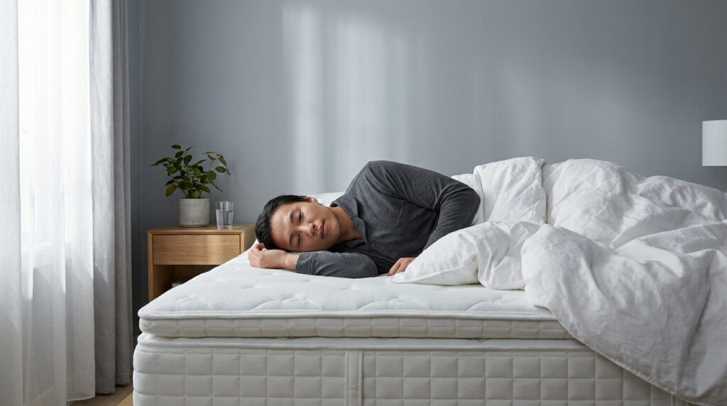 Un homme en pyjama gris se repose paisiblement sur un matelas blanc confortable dans une chambre moderne.