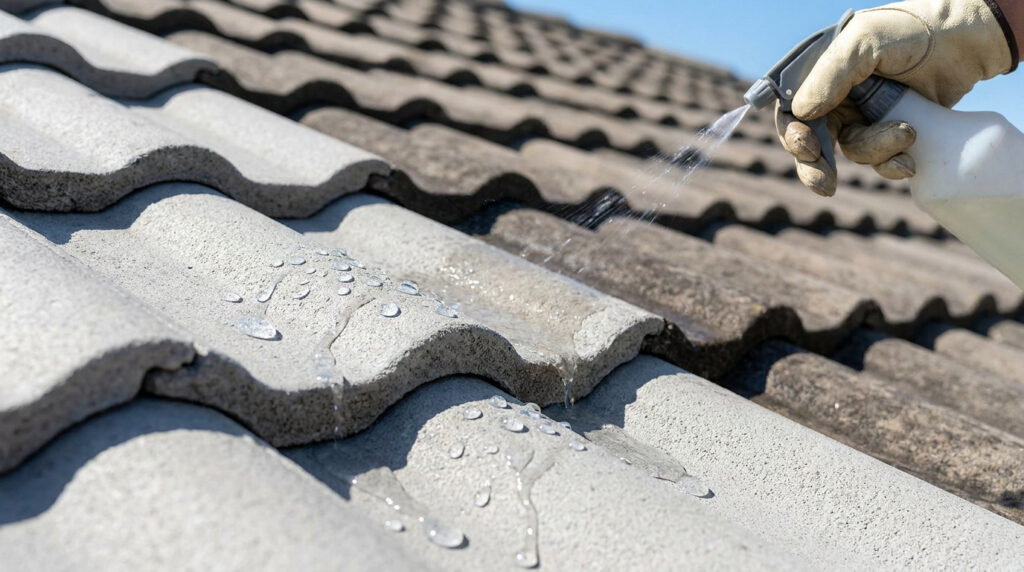 Une main gantée pulvérise un produit hydrofuge sur des tuiles en béton pour les protéger de l'humidité.
