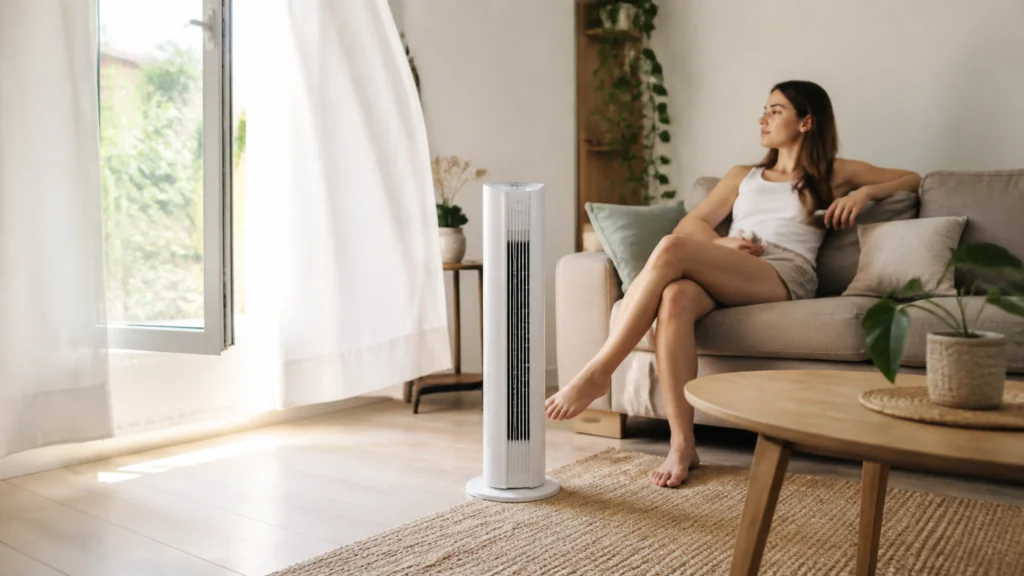 Illustration éditoriale pour l’article « Réussir votre achat ventilateur colonne pour rester au frais »