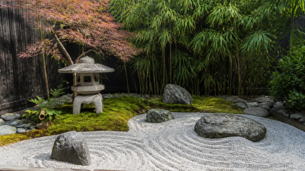 Illustration éditoriale pour l’article « Aménager un petit jardin japonais extérieur : le guide zen »