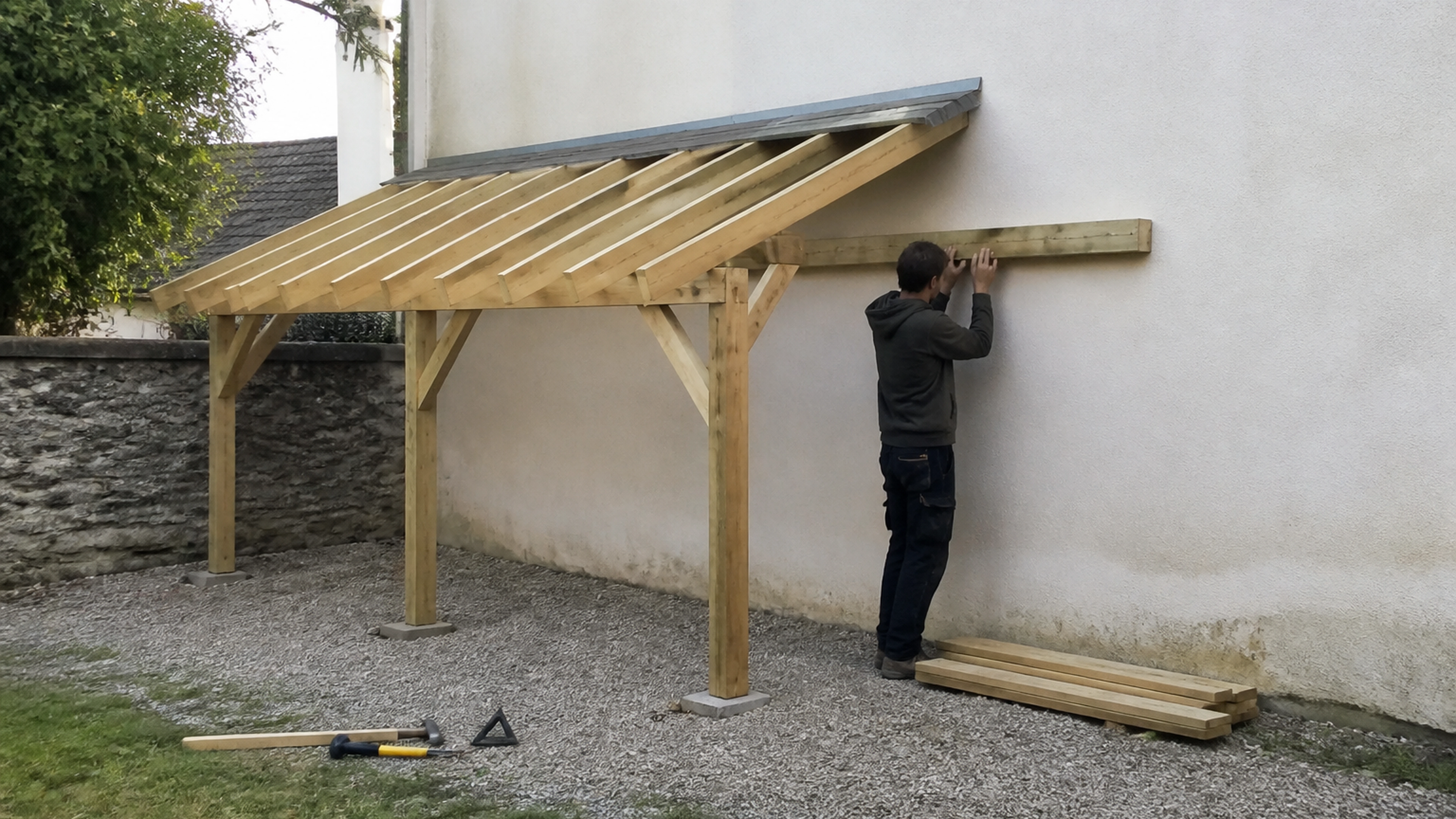 Illustration éditoriale pour l’article « Réussir à construire un appenti en bois contre un mur »