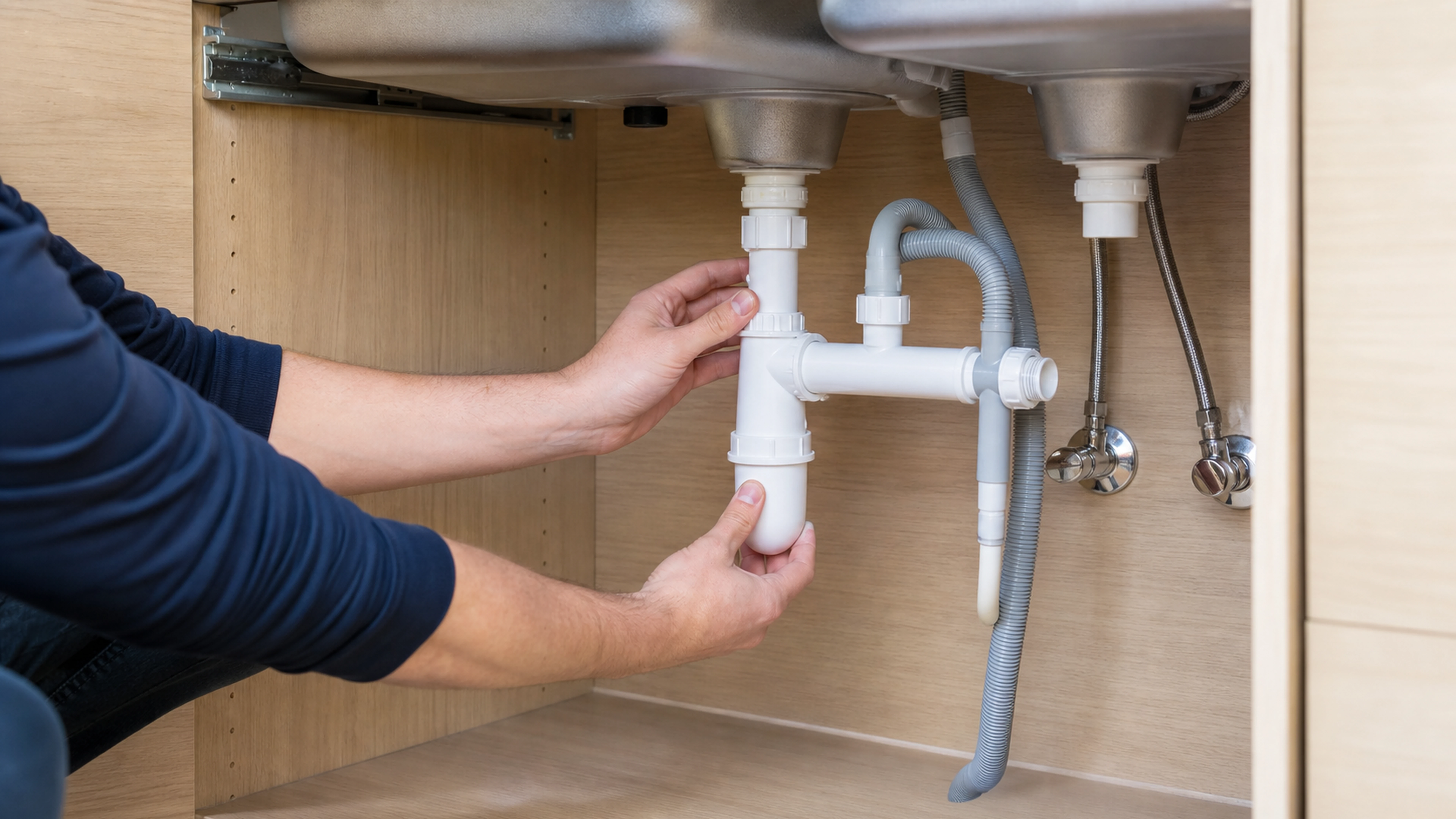 Illustration éditoriale pour l’article « Installer votre évacuation évier lave vaisselle sans erreur »