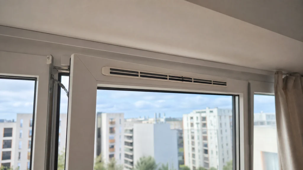 Illustration éditoriale pour l’article « Tout savoir sur la grille de ventilation acoustique fenêtre »