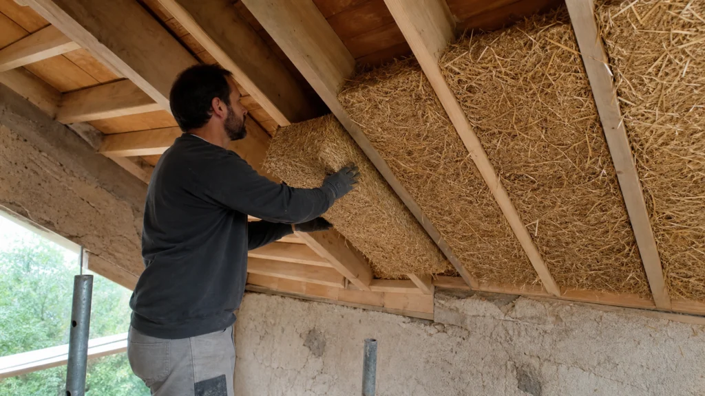 Illustration éditoriale pour l’article « Isolation de toiture en paille : réussir son confort durable »