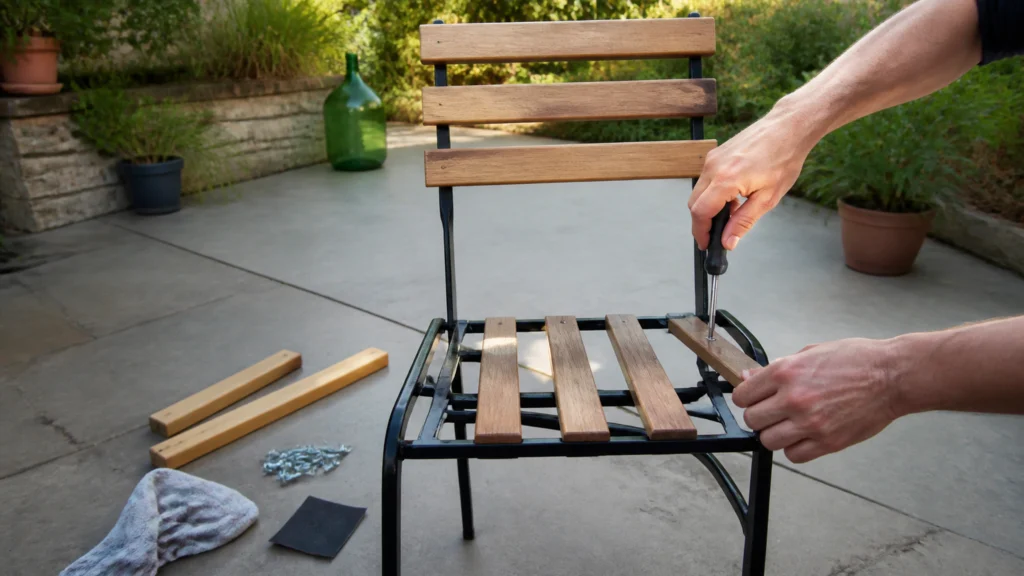 Illustration éditoriale pour l’article « Réparation chaise jardin : rénovez votre mobilier extérieur »