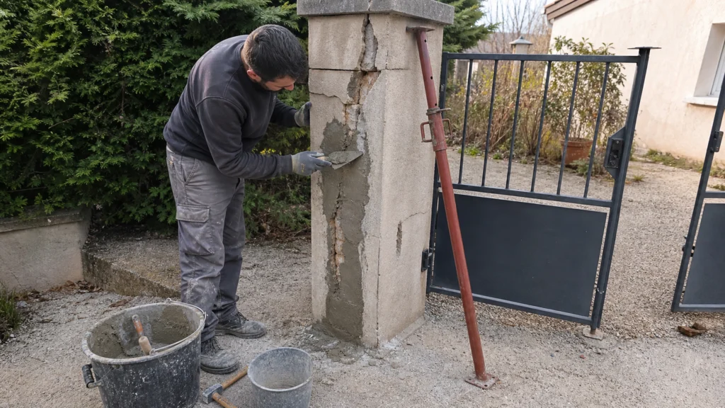 Illustration éditoriale pour l’article « Réparer un pilier de portail et stabiliser sa structure »