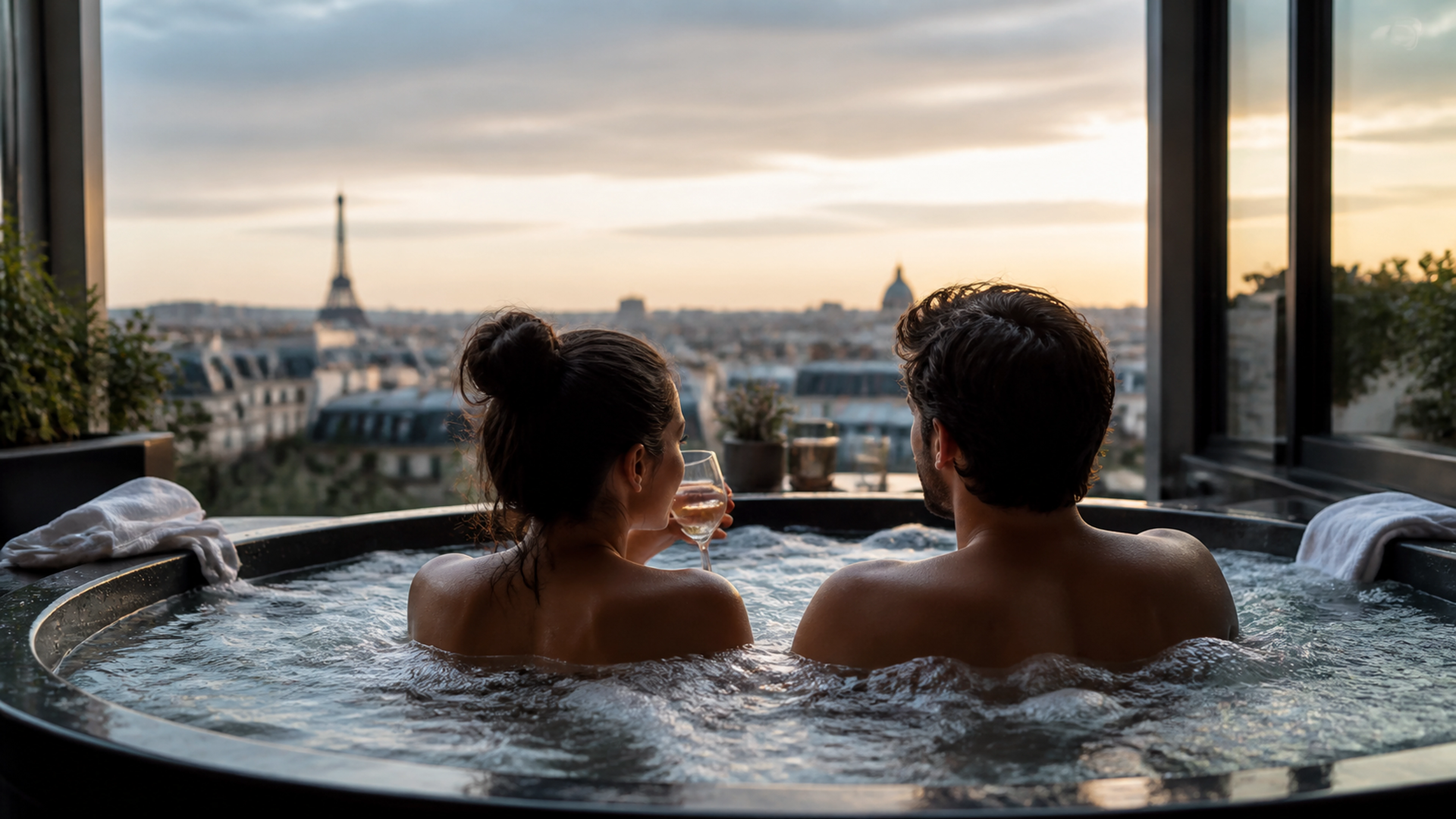 Illustration éditoriale pour l’article « Votre weekend amoureux à Paris avec jacuzzi privatif »