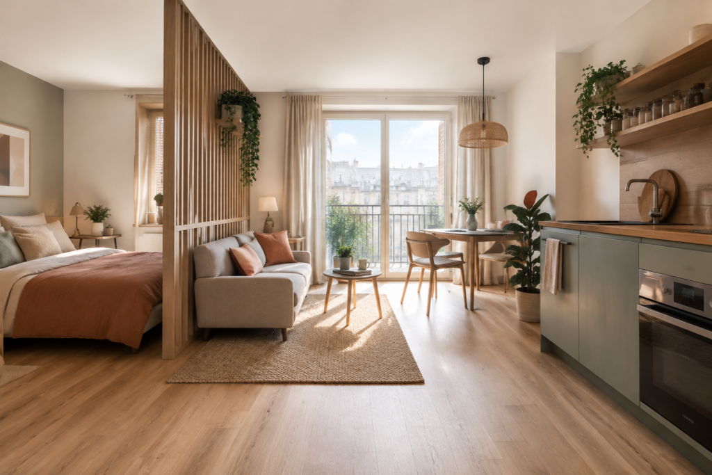 Studio lumineux avec une séparation en bois entre la chambre et le salon.