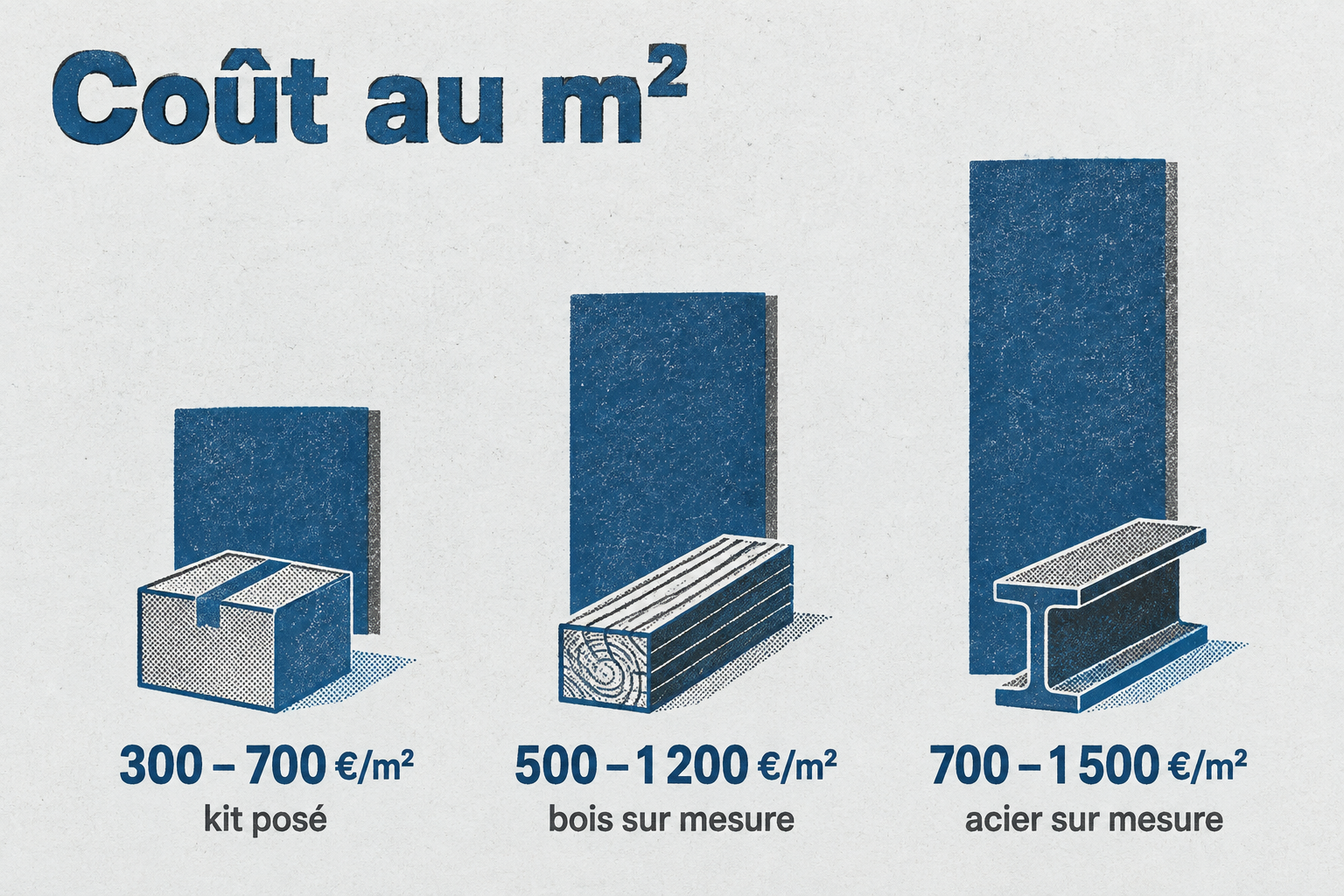 Coût d'une mezzanine en 2026 selon le matériau : 300-700 €/m² pour un kit, 500-1200 €/m² pour le bois sur mesure, 700-1500 €/m² pour l'acier.