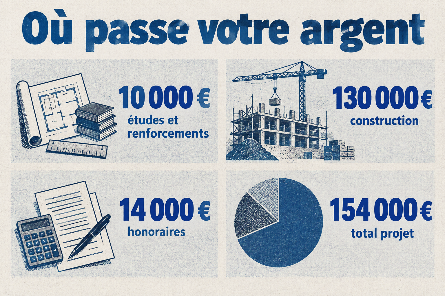 La décomposition du budget d'une surélévation de 50 m² : 10 000 € d'études et renforcements, 130 000 € de construction, 14 000 € d'honoraires, soit 154 000 € au total.